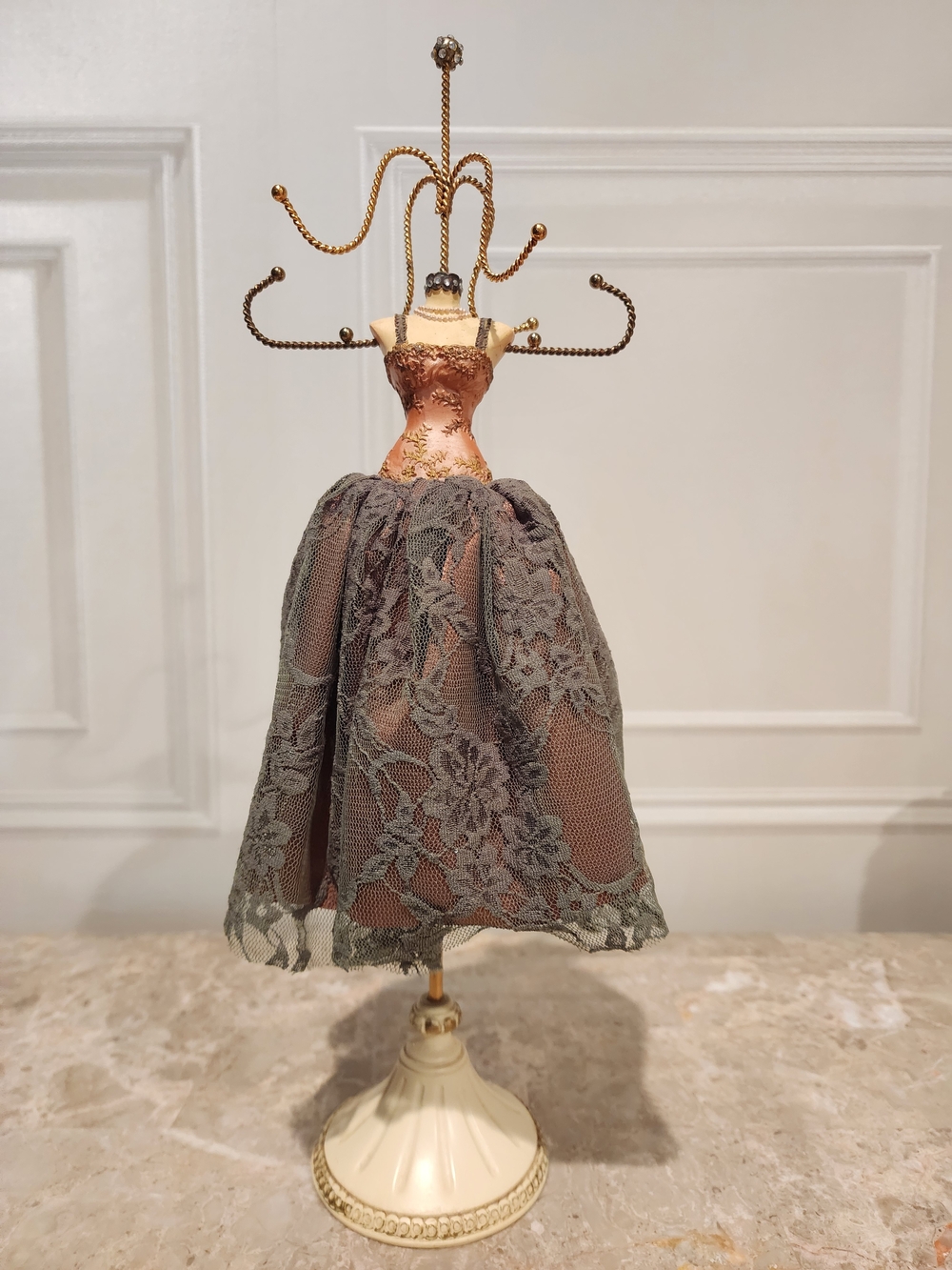 Victorian-Style Dress Form Jewelry Holder in Dusty Rose and Gray Lace